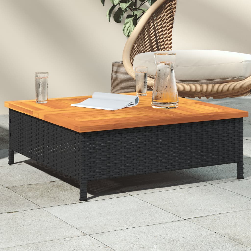 vidaXL Záhradný stôl čierny 70x70x25 cm ratan a akáciový masív