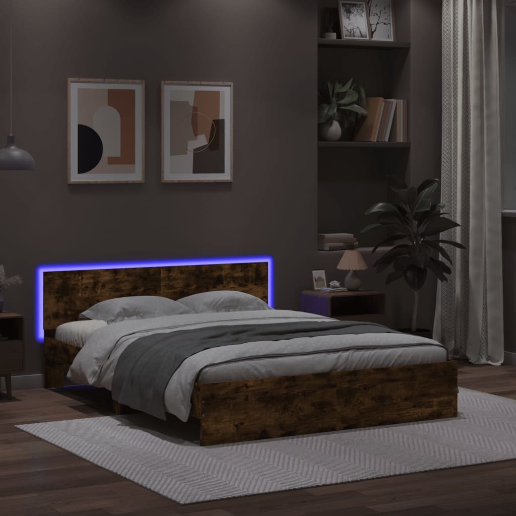 vidaXL Posteľný rám s čelom a LED dymový dub 160x200 cm
