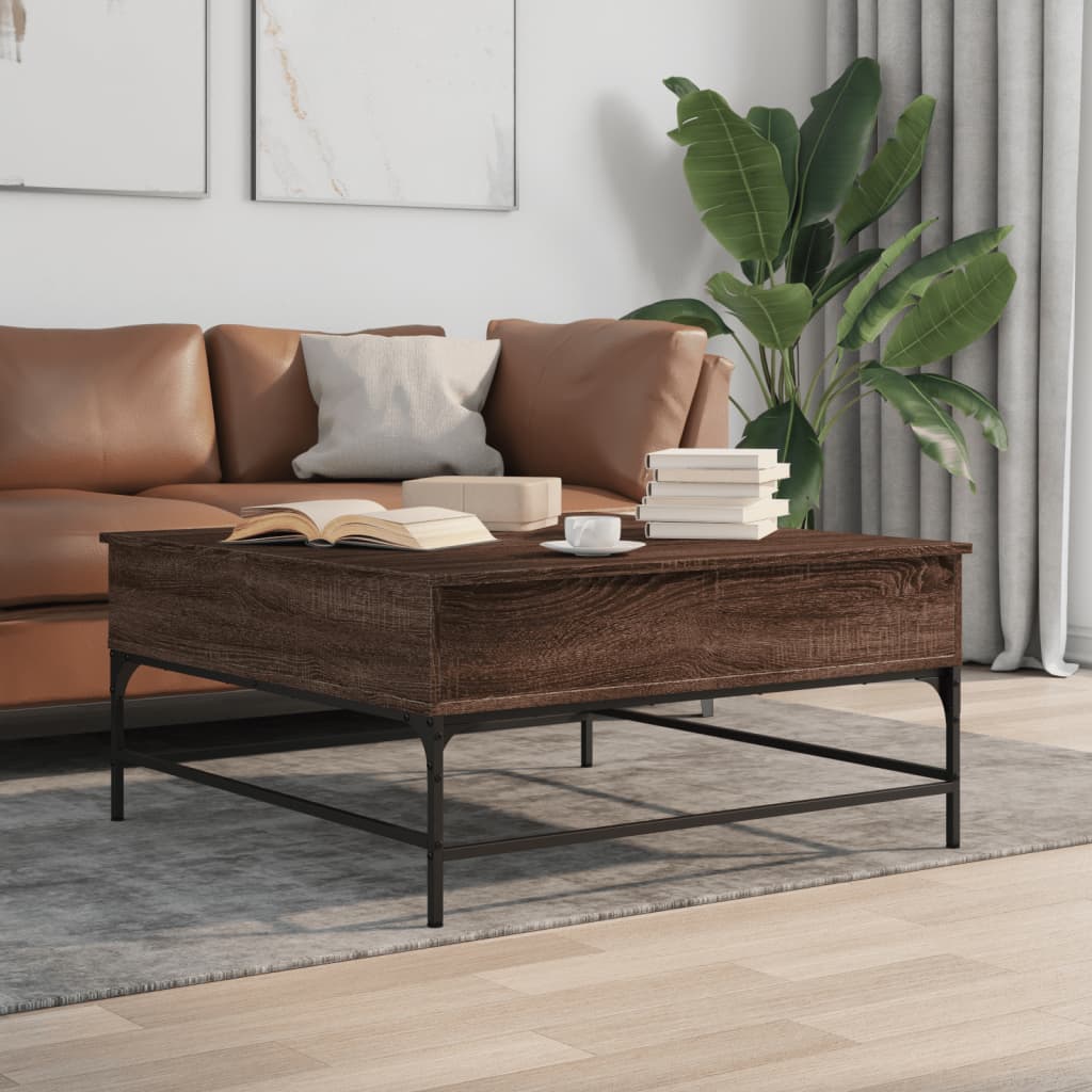 vidaXL Konferenčný stolík, hnedý dub 95x95x45 cm, kompozitné drevo+kov