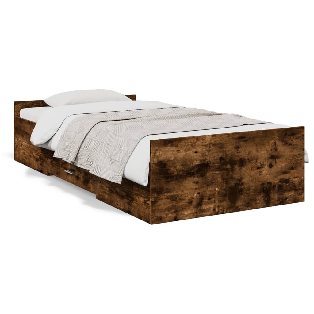 vidaXL Posteľný rám so zásuvkami dymový dub 90x200 cm kompozitné drevo