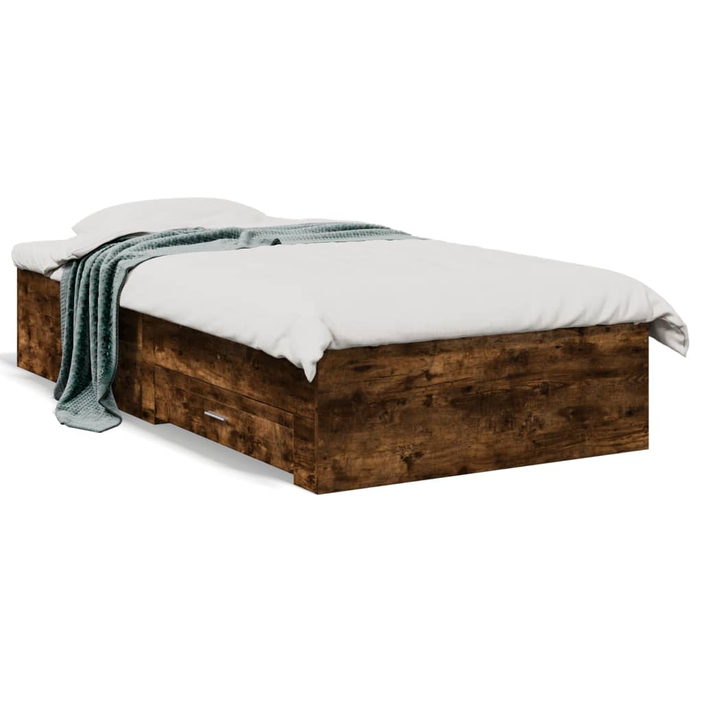 vidaXL Posteľný rám so zásuvkami dymový dub 100x200cm kompozitné drevo