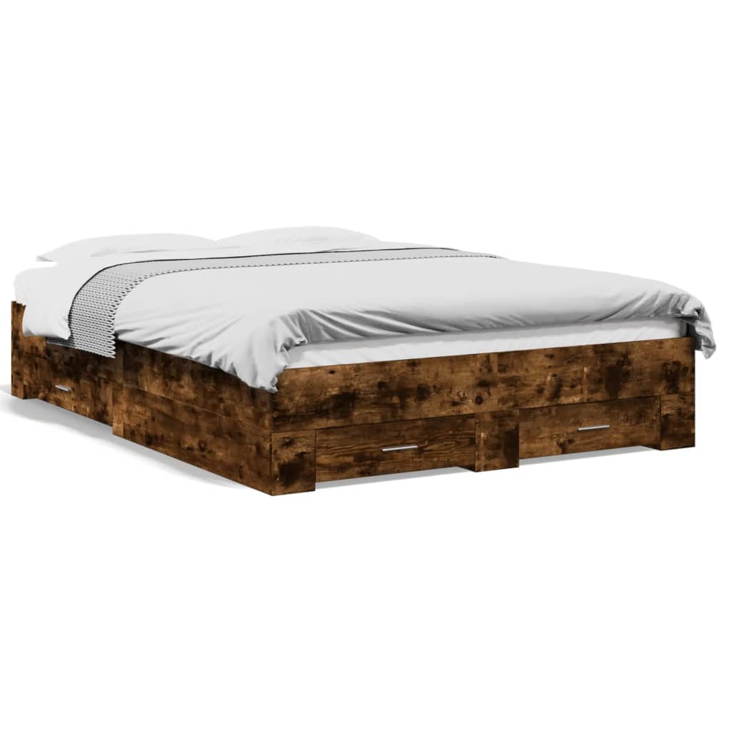 vidaXL Posteľný rám so zásuvkami dymový dub 120x200cm kompozitné drevo