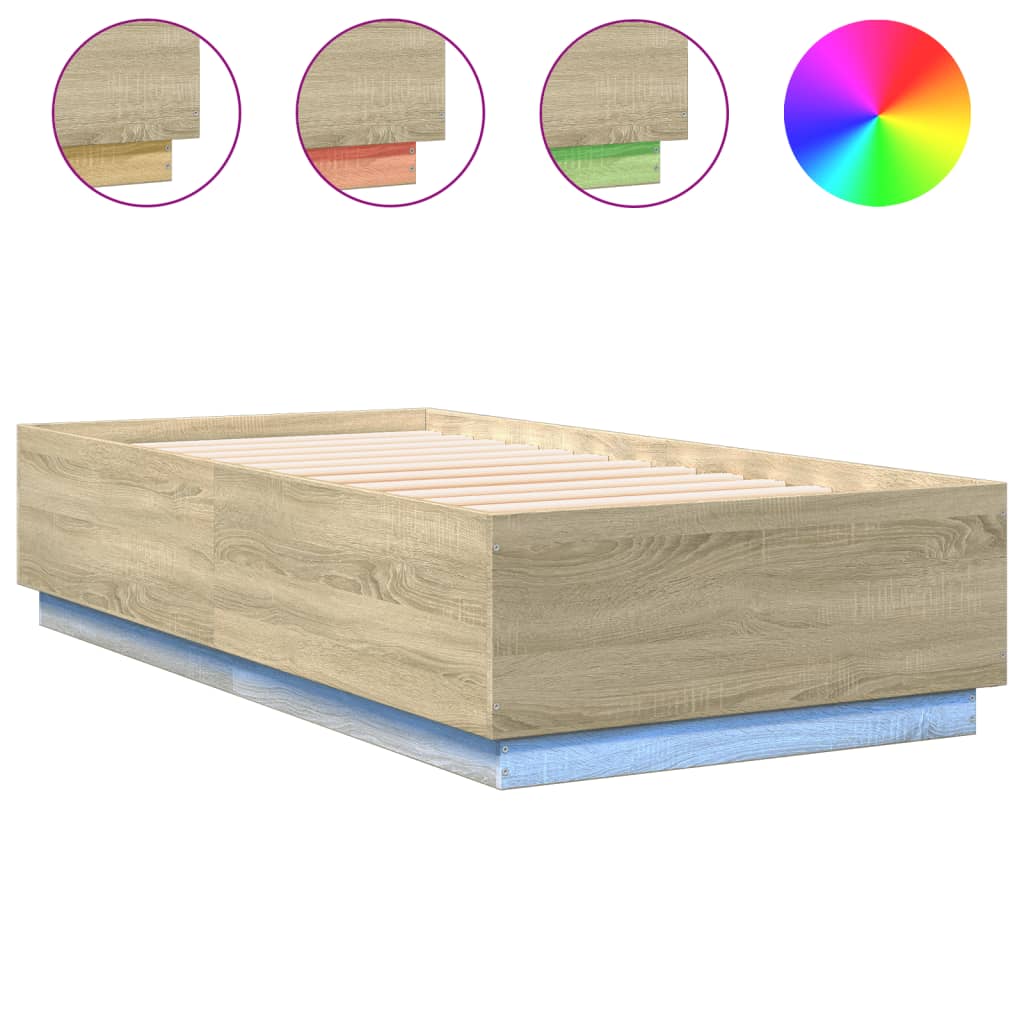 vidaXL Posteľný rám s LED svetlami sonoma 75x190 cm kompozitné drevo