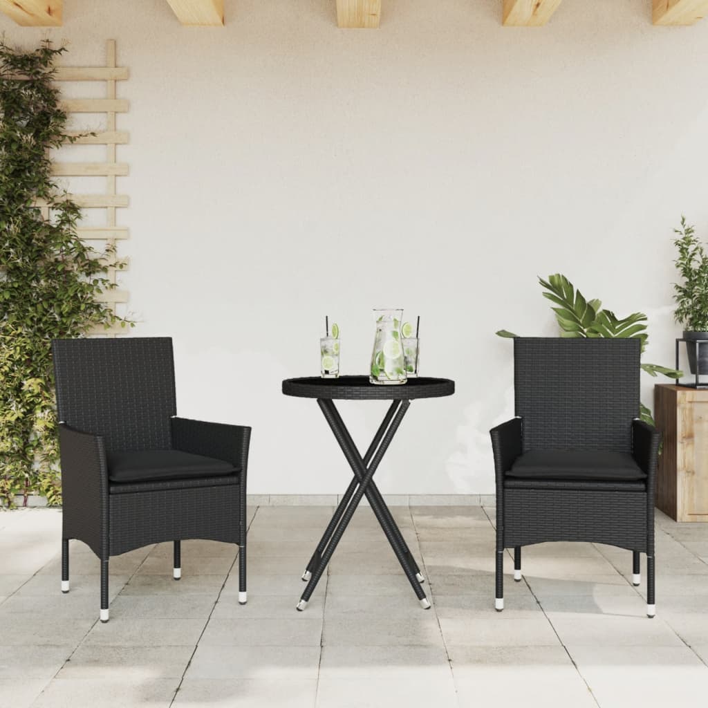 vidaXL 3-dielna bistro súprava s vankúšmi čierna polyratan a sklo