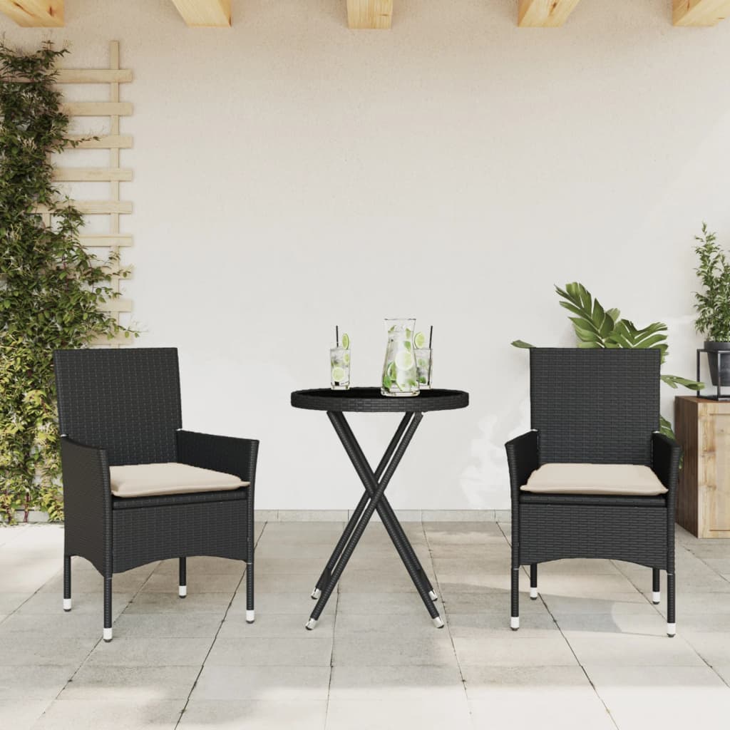 vidaXL 3-dielna bistro súprava s vankúšmi čierna polyratan a sklo