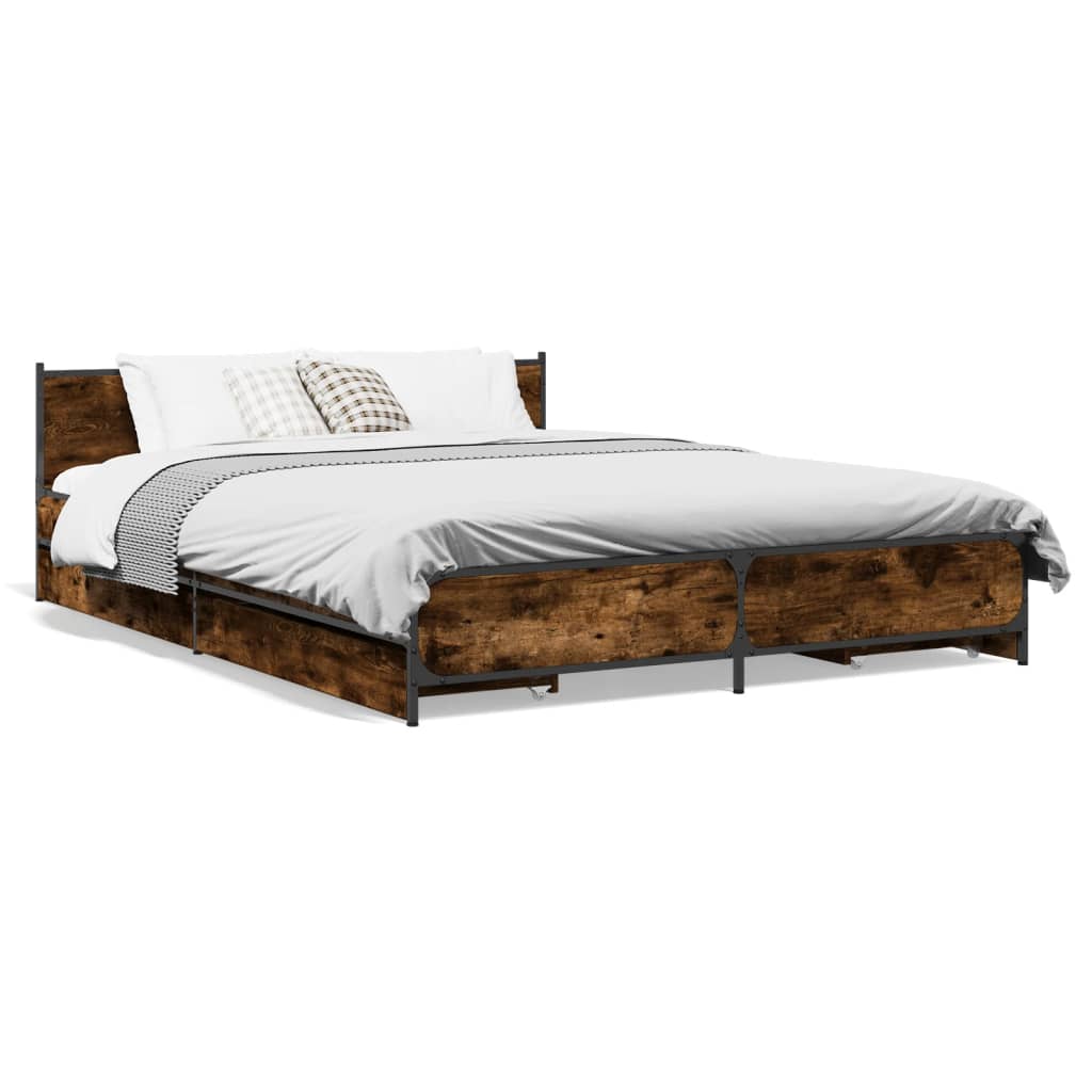 vidaXL Posteľný rám so zásuvkami dymový dub 135x190cm kompozitné drevo