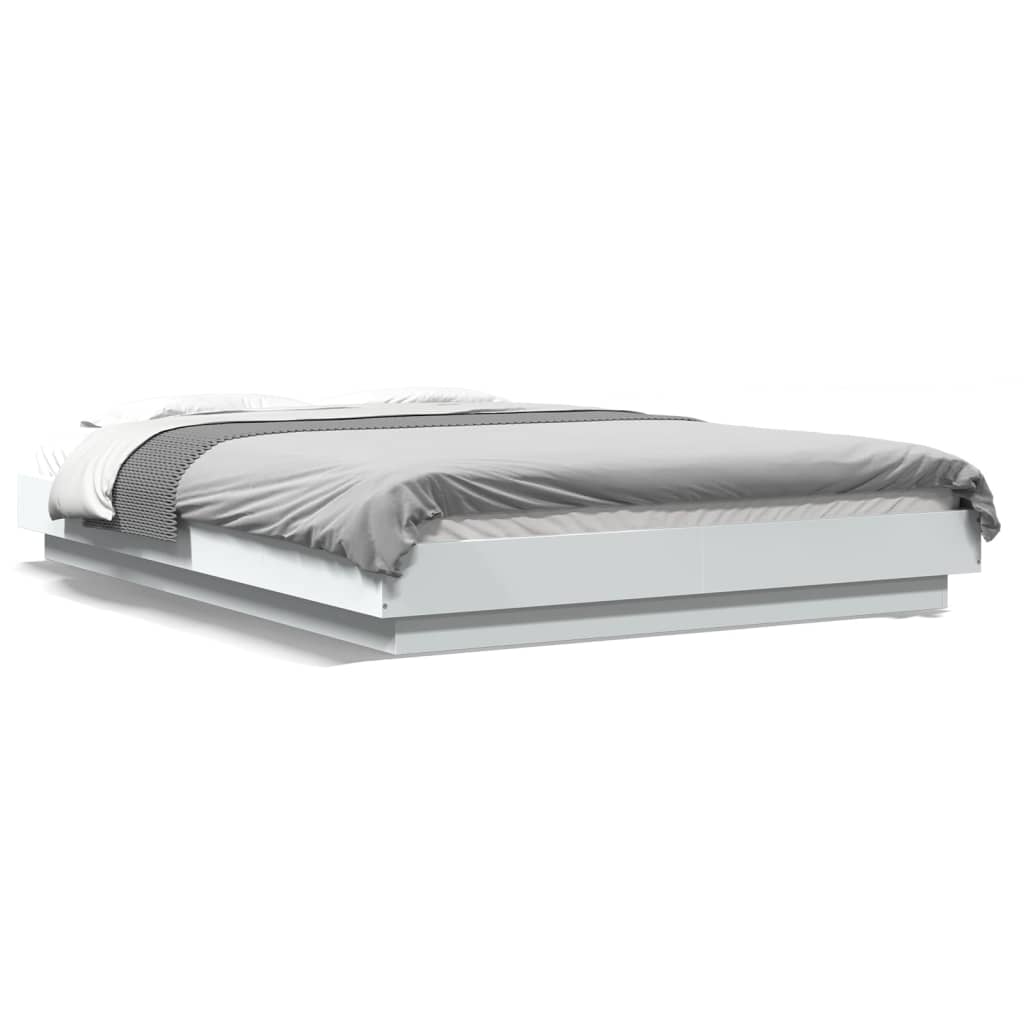 vidaXL Posteľný rám s LED svetlami biely 135x190 cm kompoz. drevo