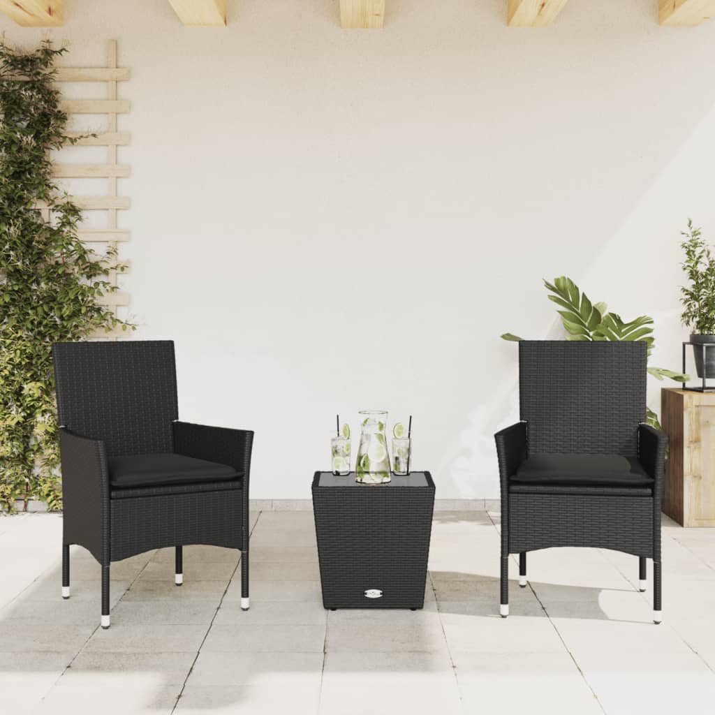 vidaXL 3-dielna bistro súprava s vankúšmi čierna polyratan a sklo