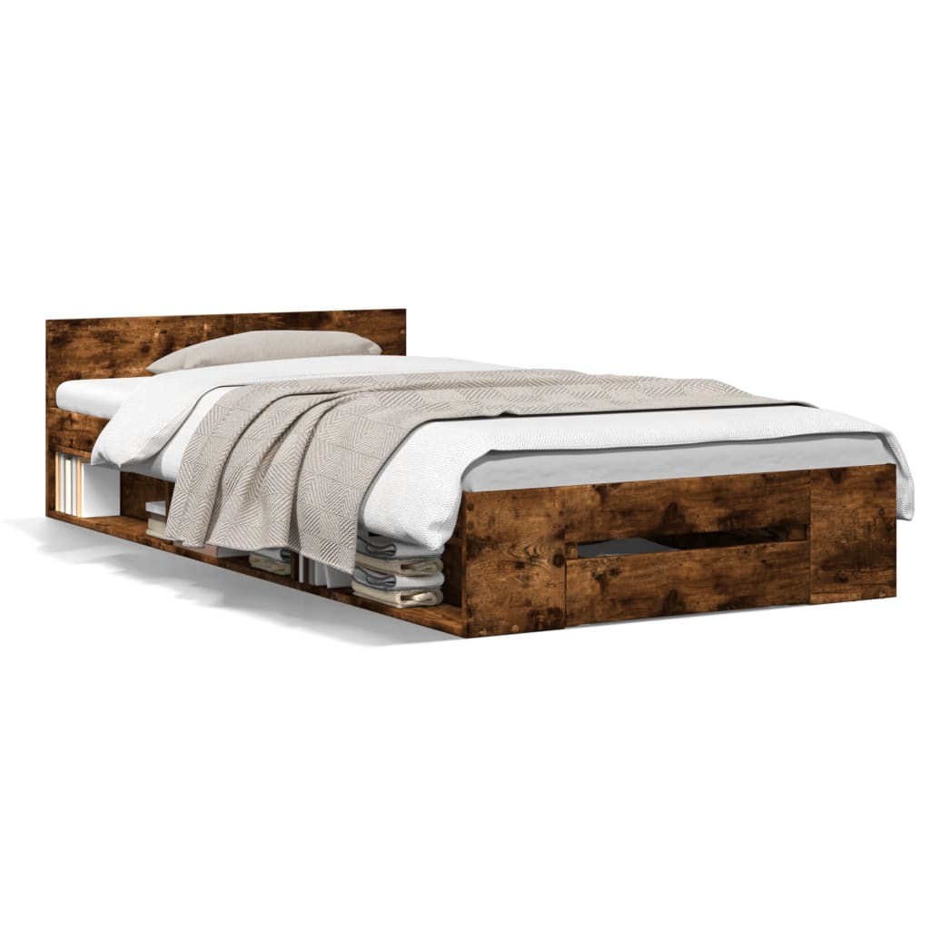 vidaXL Posteľný rám so zásuvkou dymový dub 75x190 cm kompozitné drevo