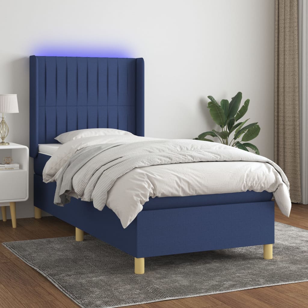 vidaXL Posteľ boxsping s matracom a LED modrá 90x200 cm látka