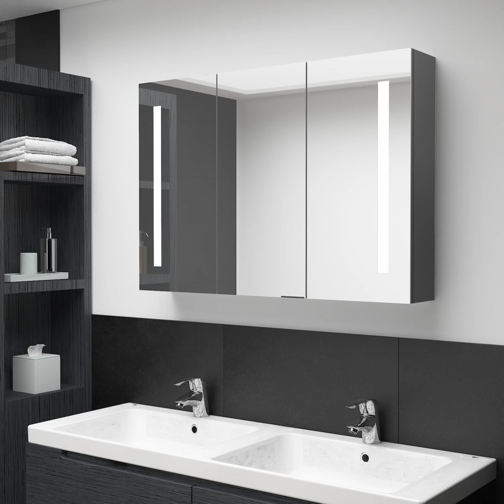 vidaXL LED kúpeľňová zrkadlová skrinka 89x14x62 cm sivá