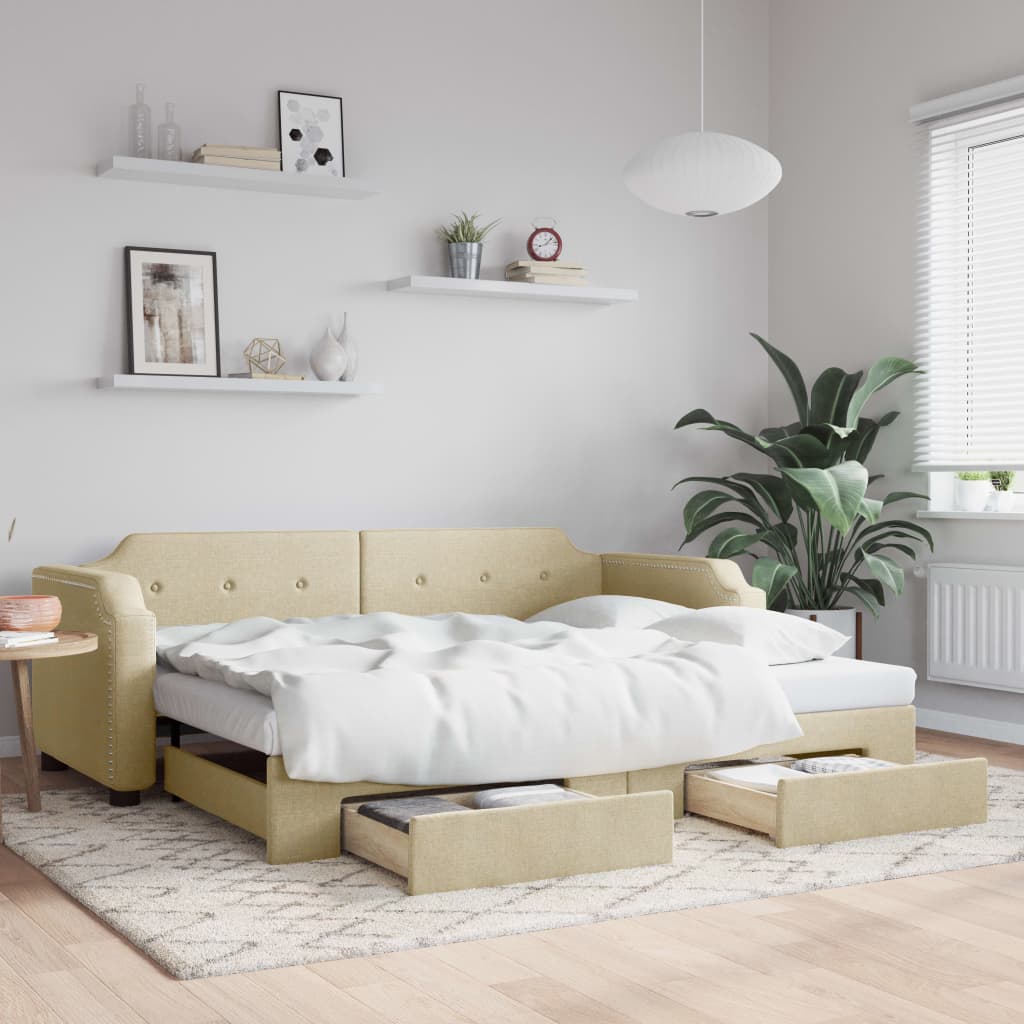 vidaXL Rozkladacia denná posteľ so zásuvkami krémová 90x200 cm látka