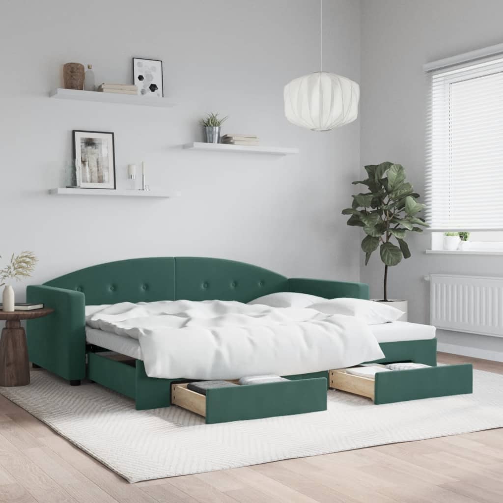 vidaXL Rozkladacia denná posteľ a zásuvky tmavozelená 90x200 cm zamat