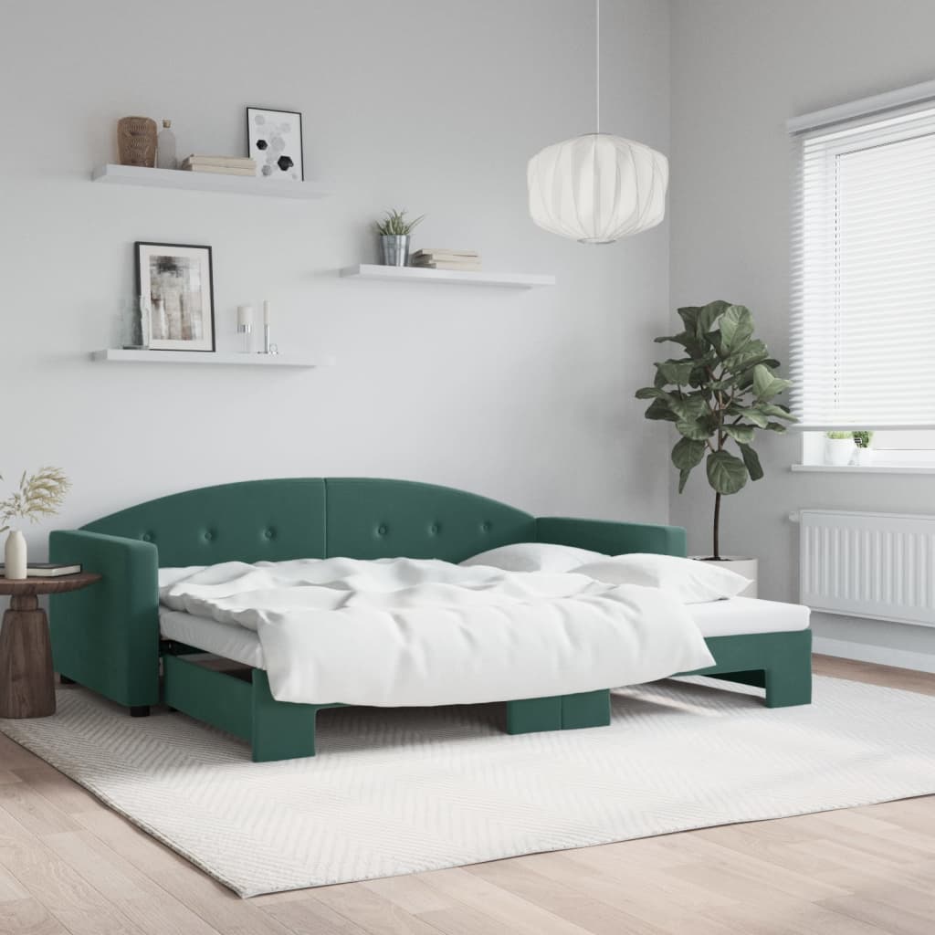 vidaXL Denná posteľ s rozkladacou posteľou tmavozelená 90x200 cm zamat