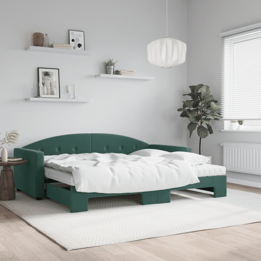 vidaXL Rozkladacia denná posteľ s matracmi tmavozelená 90x200 cm zamat