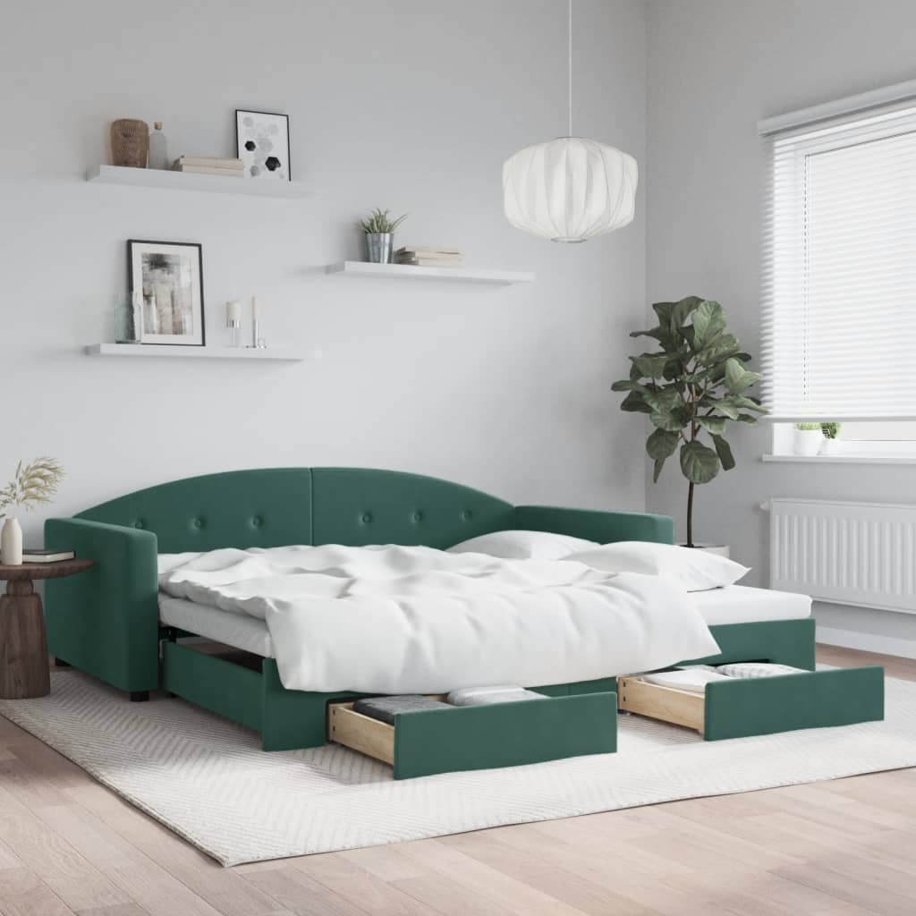 vidaXL Rozkladacia denná posteľ a zásuvky tmavozelená 100x200 cm zamat