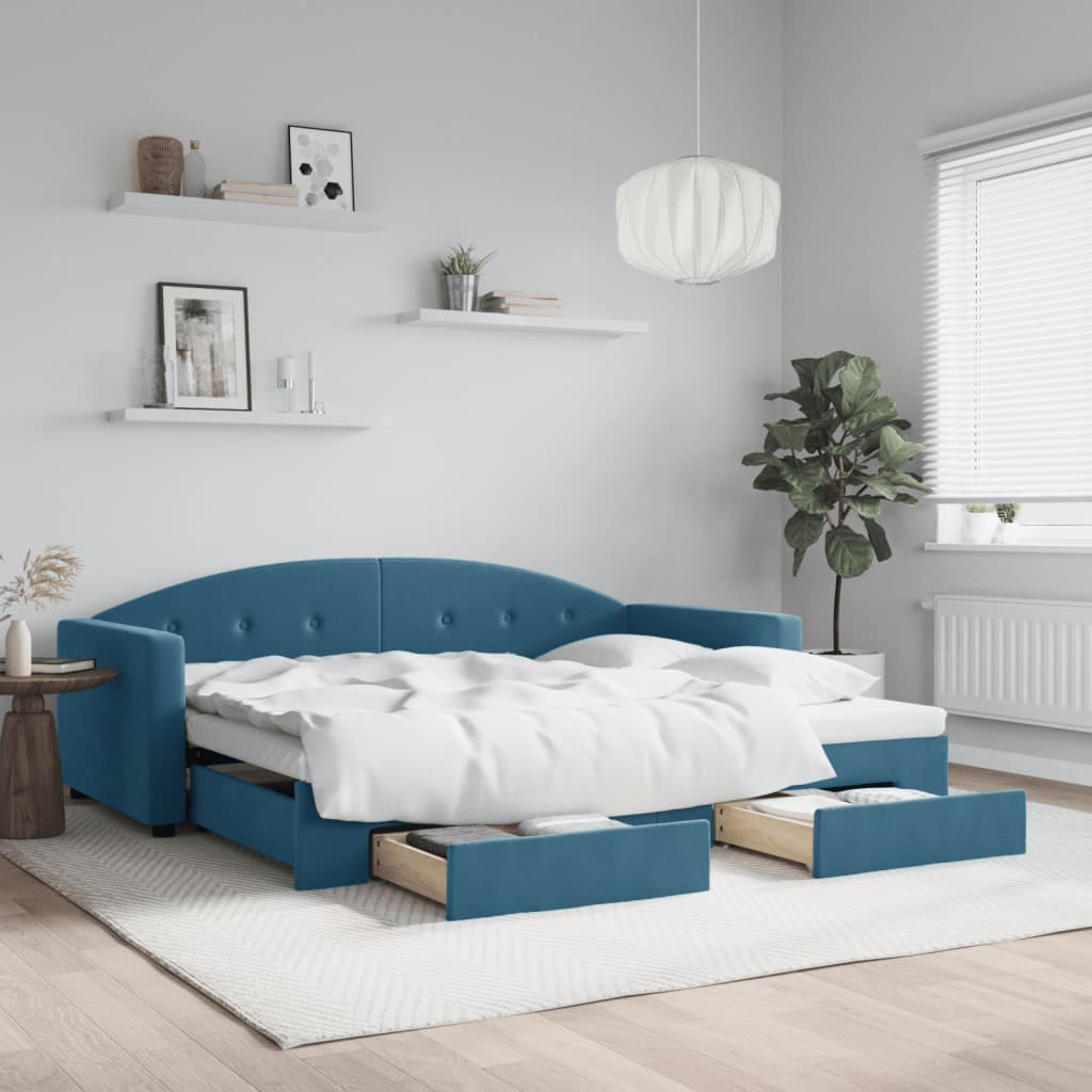 vidaXL Rozkladacia denná posteľ so zásuvkami modrá 90x200 cm zamat