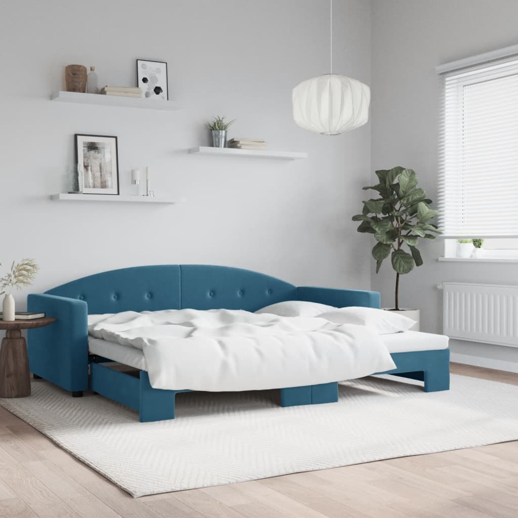 vidaXL Denná posteľ s rozkladacou posteľou modrá 90x200 cm zamat
