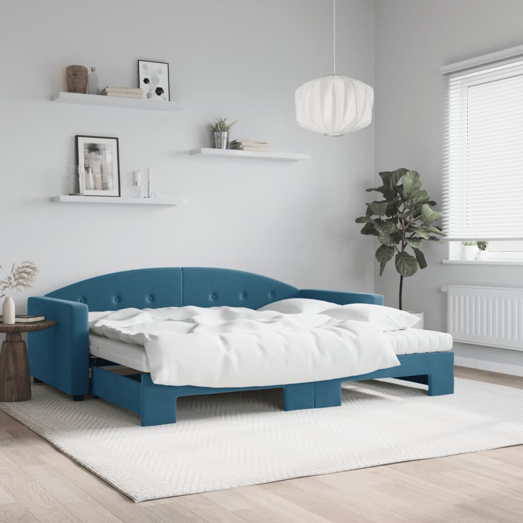 vidaXL Rozkladacia denná posteľ s matracmi modrá 90x200 cm zamat