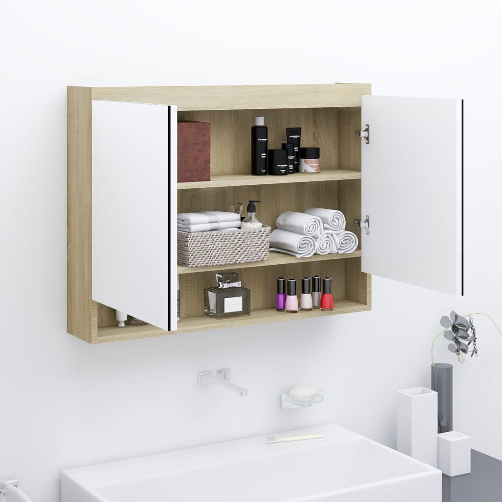 vidaXL Kúpeľňová zrkadlová skrinka 80x15x60 cm MDF biela a dubová