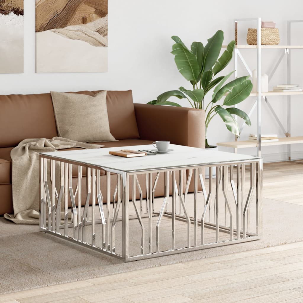 vidaXL Konferenčný stolík strieborný 100x100x50 cm nehrdz. oceľ a sklo