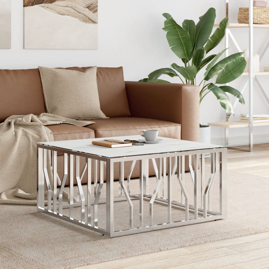 vidaXL Konferenčný stolík strieborný 80x80x40 cm nerezová oceľ a sklo