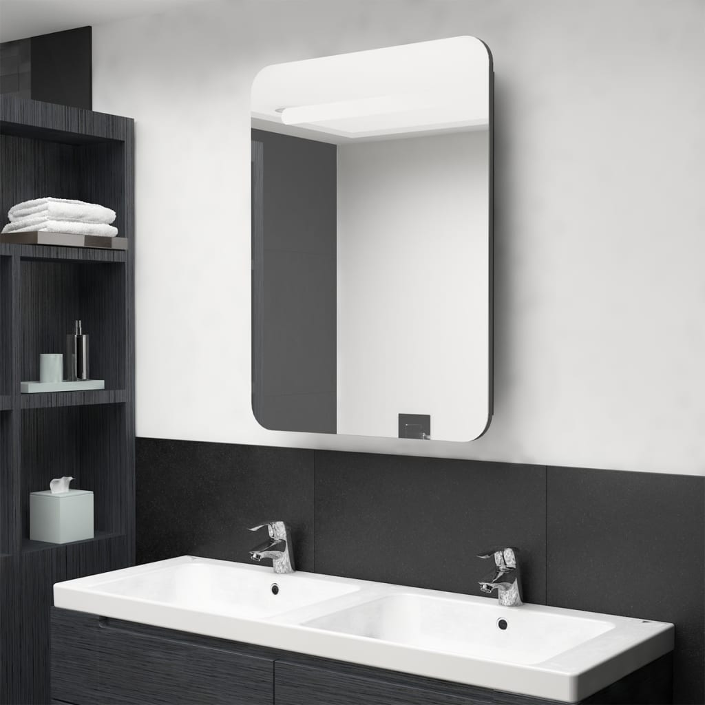 vidaXL LED kúpeľňová zrkadlová skrinka žiarivá sivá 60x11x80 cm