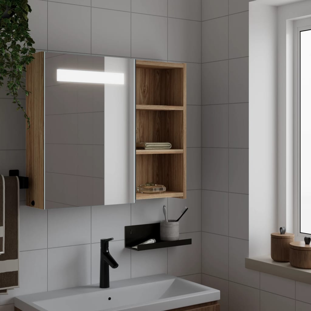 vidaXL Zrkadlová skrinka do kúpeľne s LED svetlom dubová 60x13x52 cm