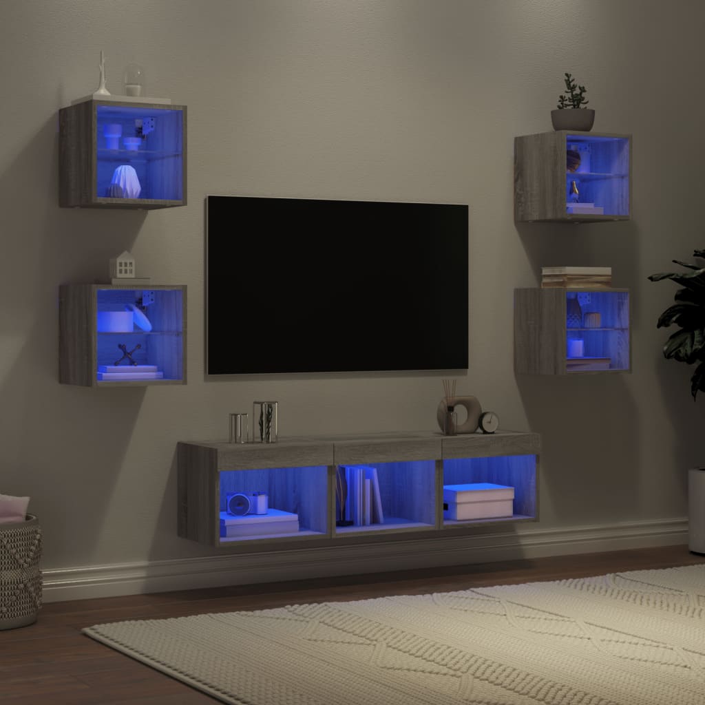 vidaXL 7-dielne TV nástenné skrinky s LED sivé sonoma kompozitné drevo