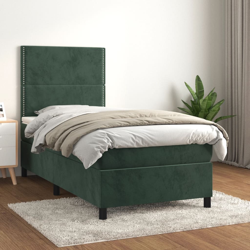 vidaXL Posteľný rám boxsping s matracom tmavozelený 90x190 cm zamat