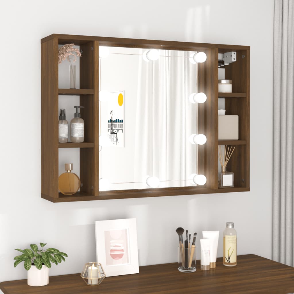 vidaXL Zrkadlová skrinka s LED hnedý dub 76x15x55 cm