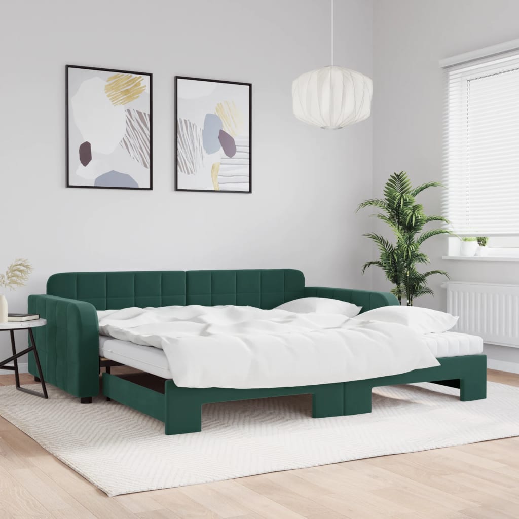 vidaXL Rozkladacia denná posteľ s matracmi tmavozelená 100x200cm zamat