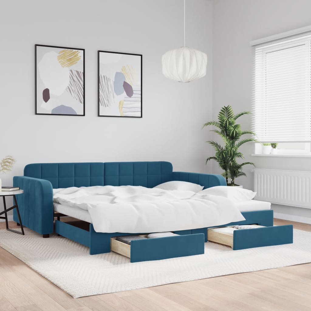 vidaXL Rozkladacia denná posteľ so zásuvkami modrá 100x200 cm zamat