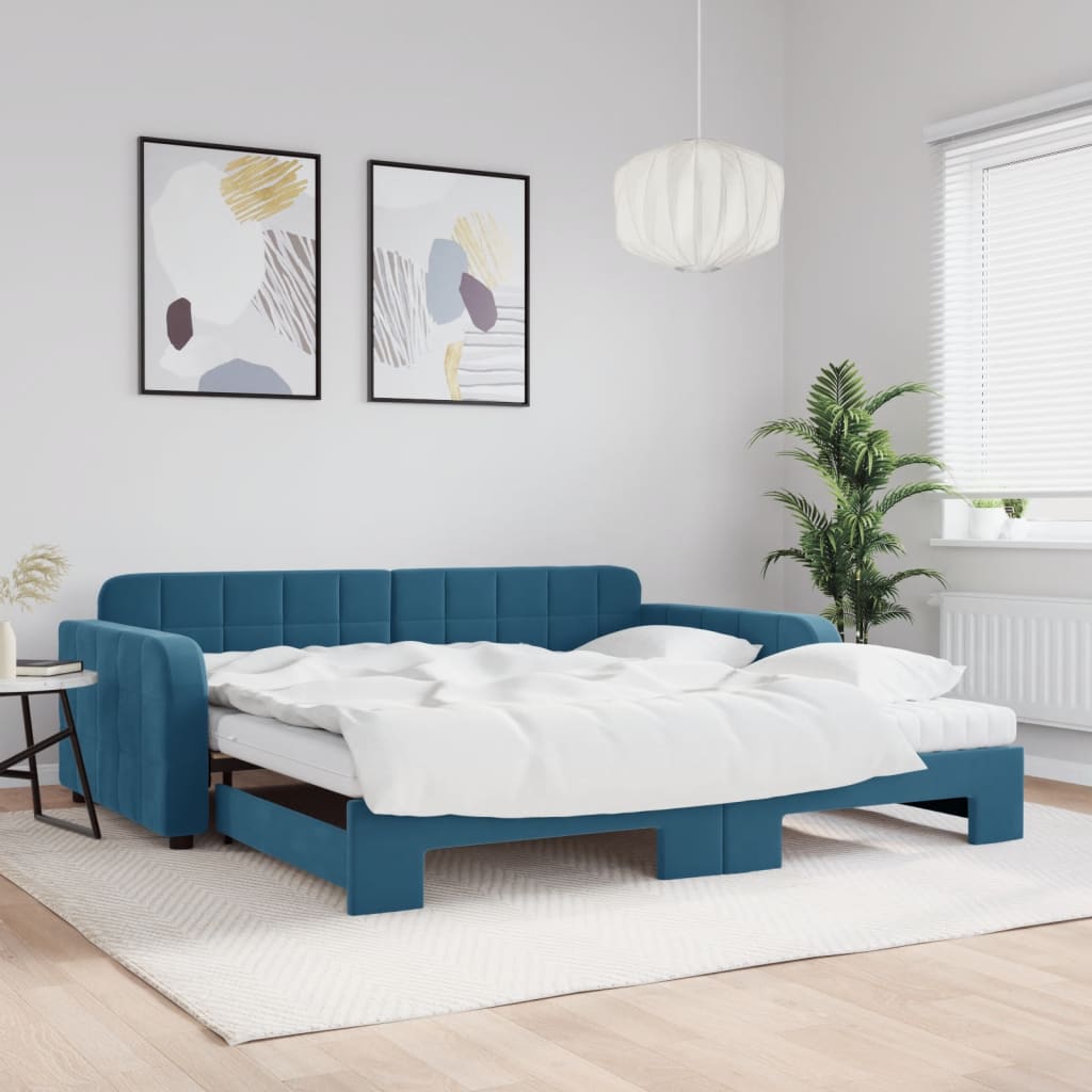 vidaXL Rozkladacia denná posteľ s matracmi modrá 100x200 cm zamat
