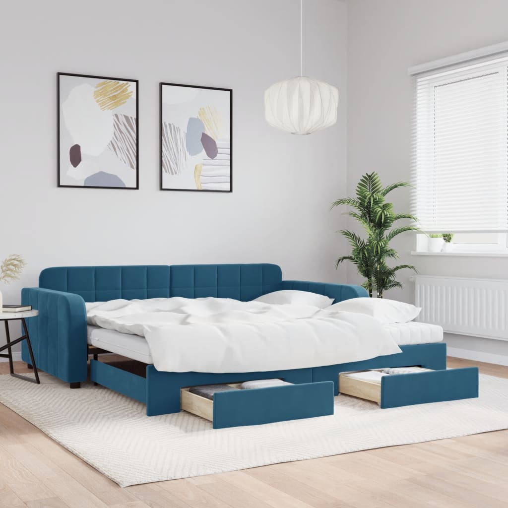 vidaXL Rozkladacia denná posteľ so zásuvkami modrá 100x200 cm zamat