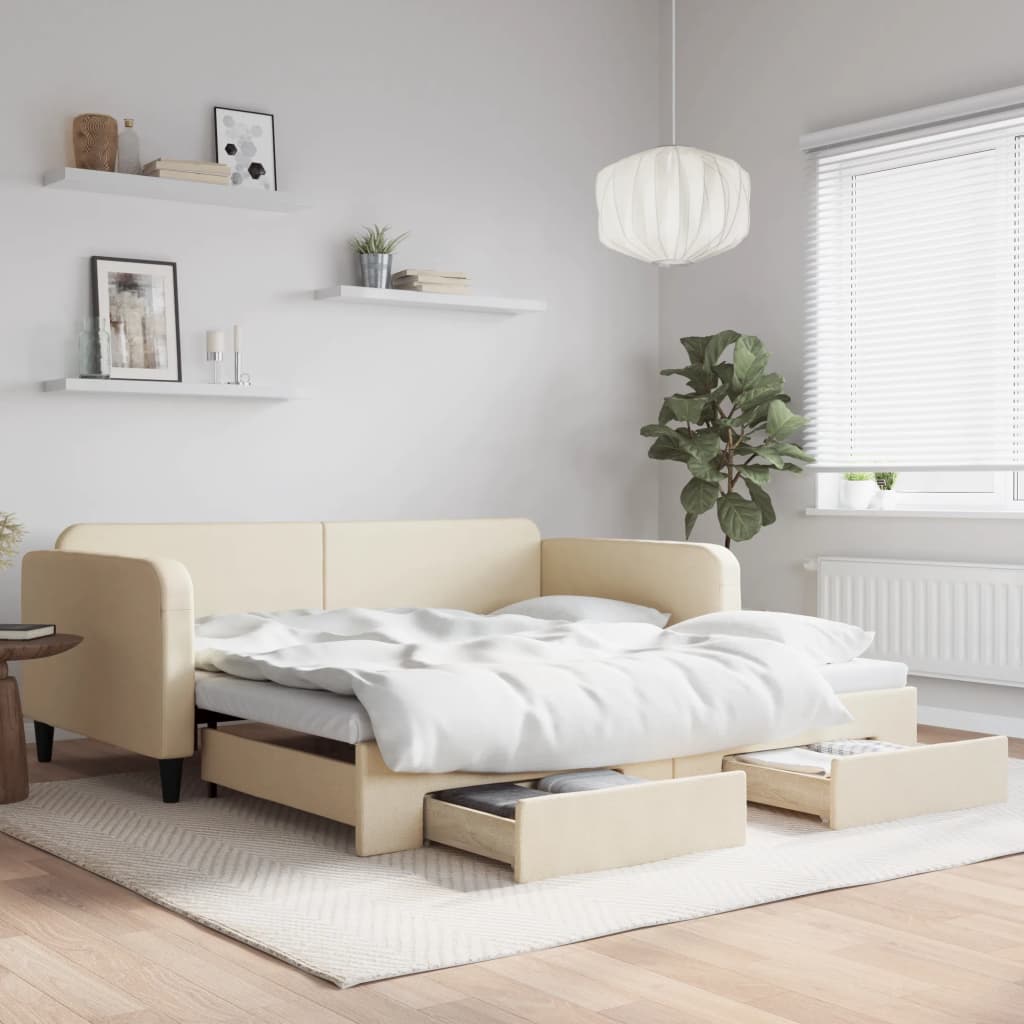 vidaXL Rozkladacia denná posteľ so zásuvkami krémová 100x200 cm látka