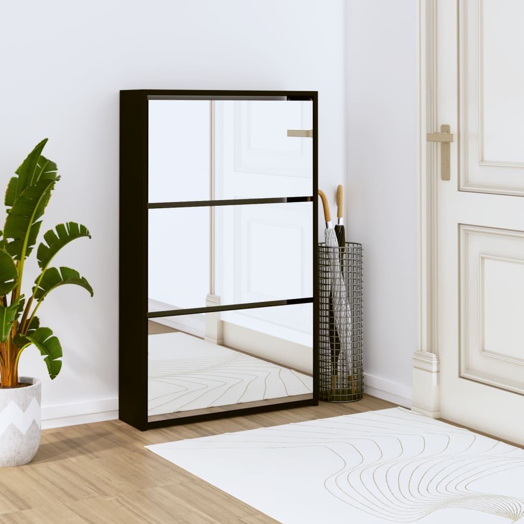 vidaXL Botník so zrkadlom 3-poschodový čierny 63 x 17 x 102,5 cm