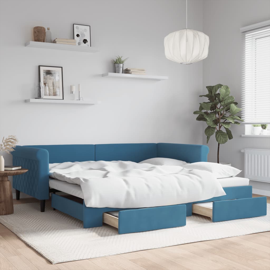 vidaXL Rozkladacia denná posteľ so zásuvkami modrá 100x200 cm zamat