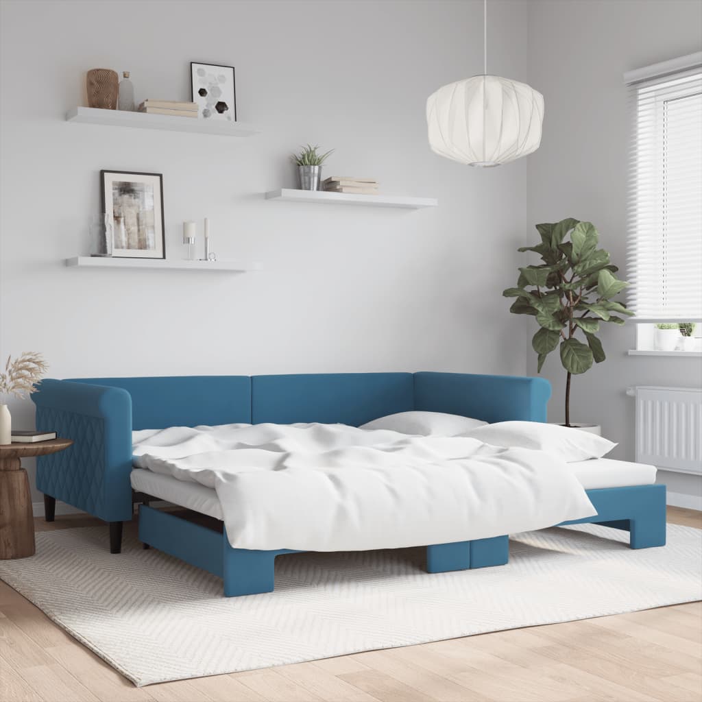 vidaXL Denná posteľ s rozkladacou posteľou modrá 100x200 cm zamat