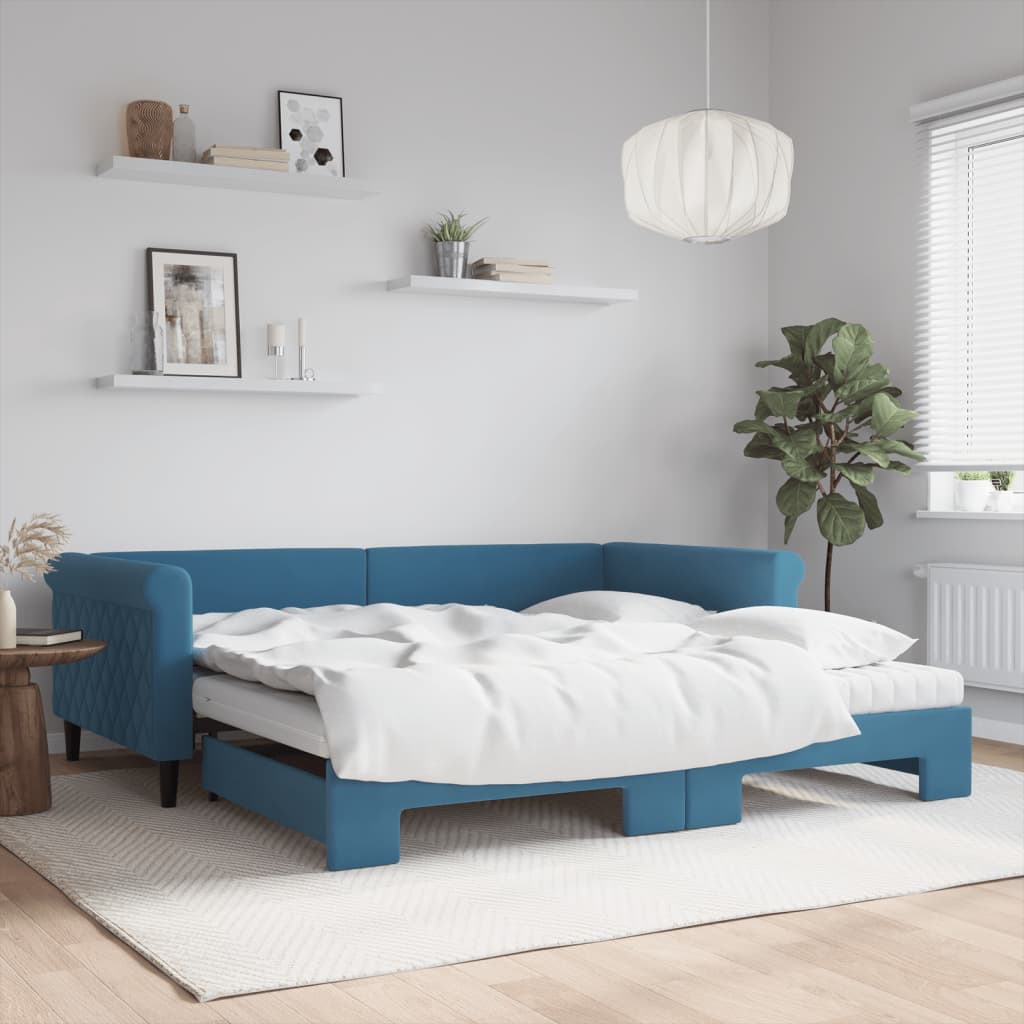 vidaXL Rozkladacia denná posteľ s matracmi modrá 100x200 cm zamat