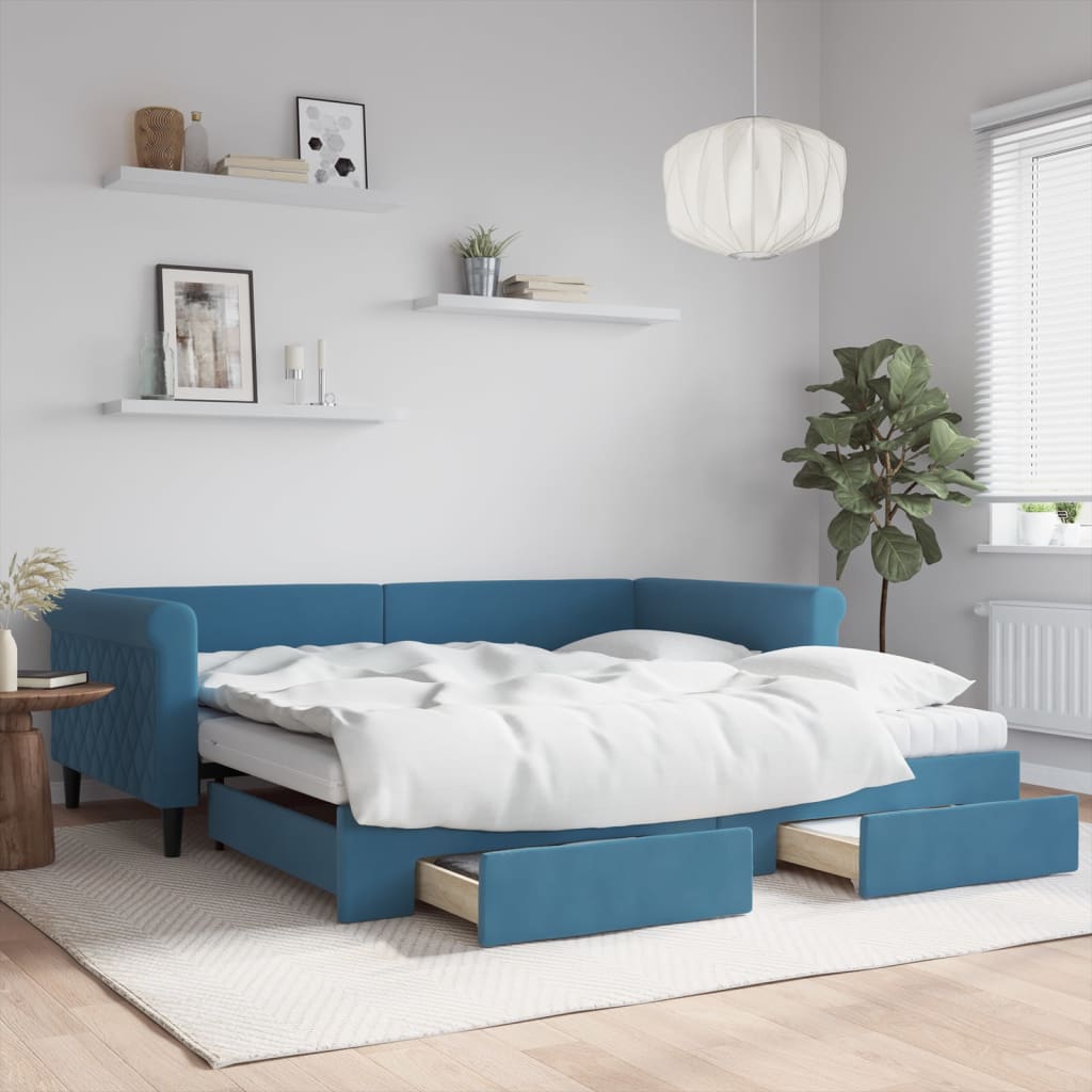 vidaXL Rozkladacia denná posteľ so zásuvkami modrá 100x200 cm zamat