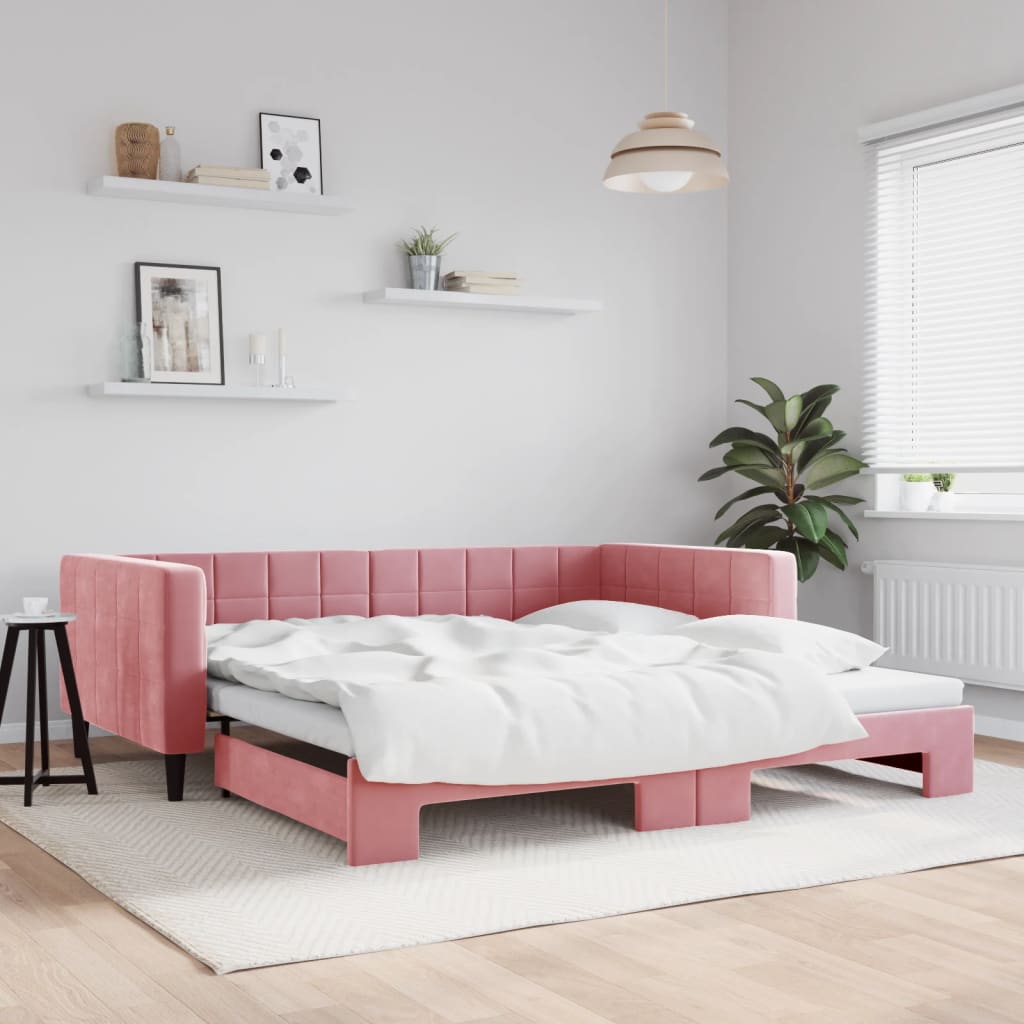 vidaXL Denná posteľ s rozkladacou posteľou ružová 100x200 cm zamat