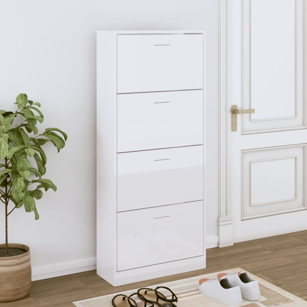 vidaXL Botník lesklý biely 63x24x147 cm spracované drevo