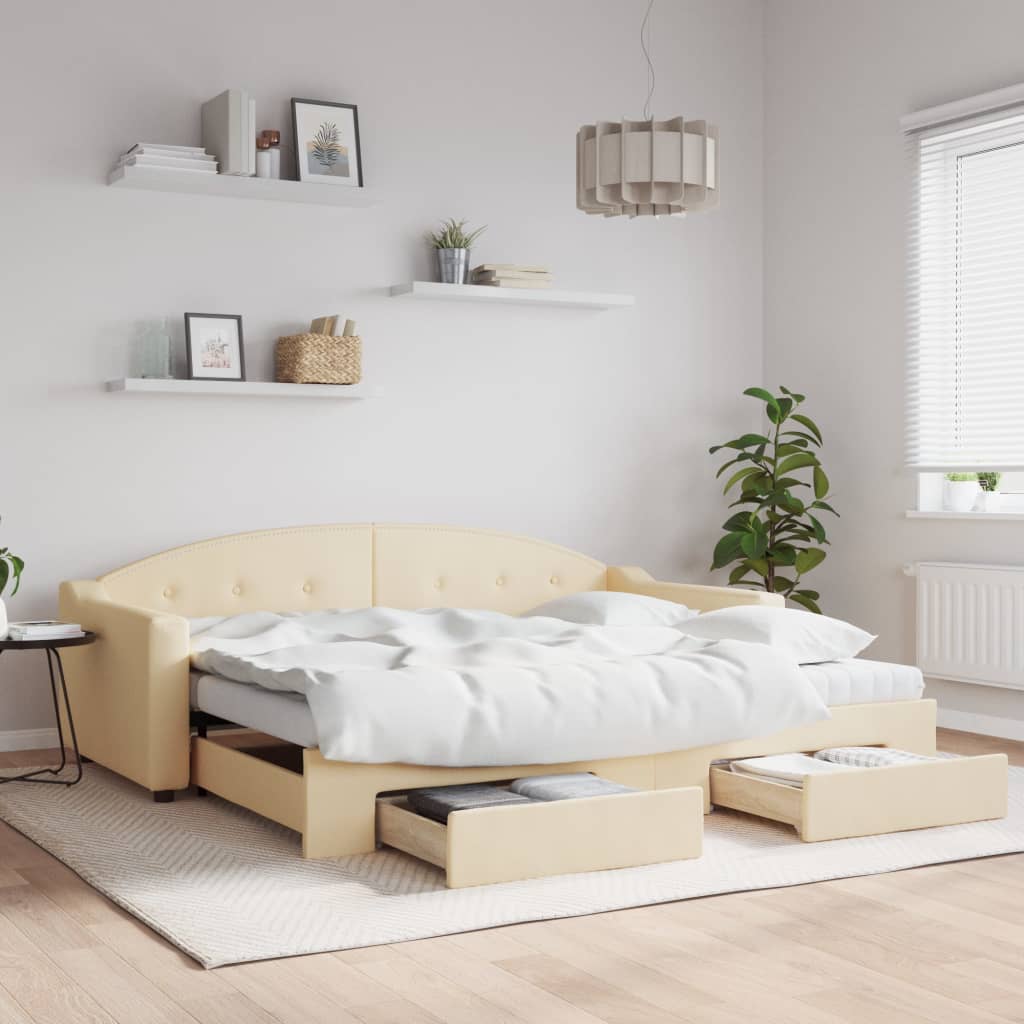 vidaXL Rozkladacia denná posteľ so zásuvkami krémová 90x200 cm látka