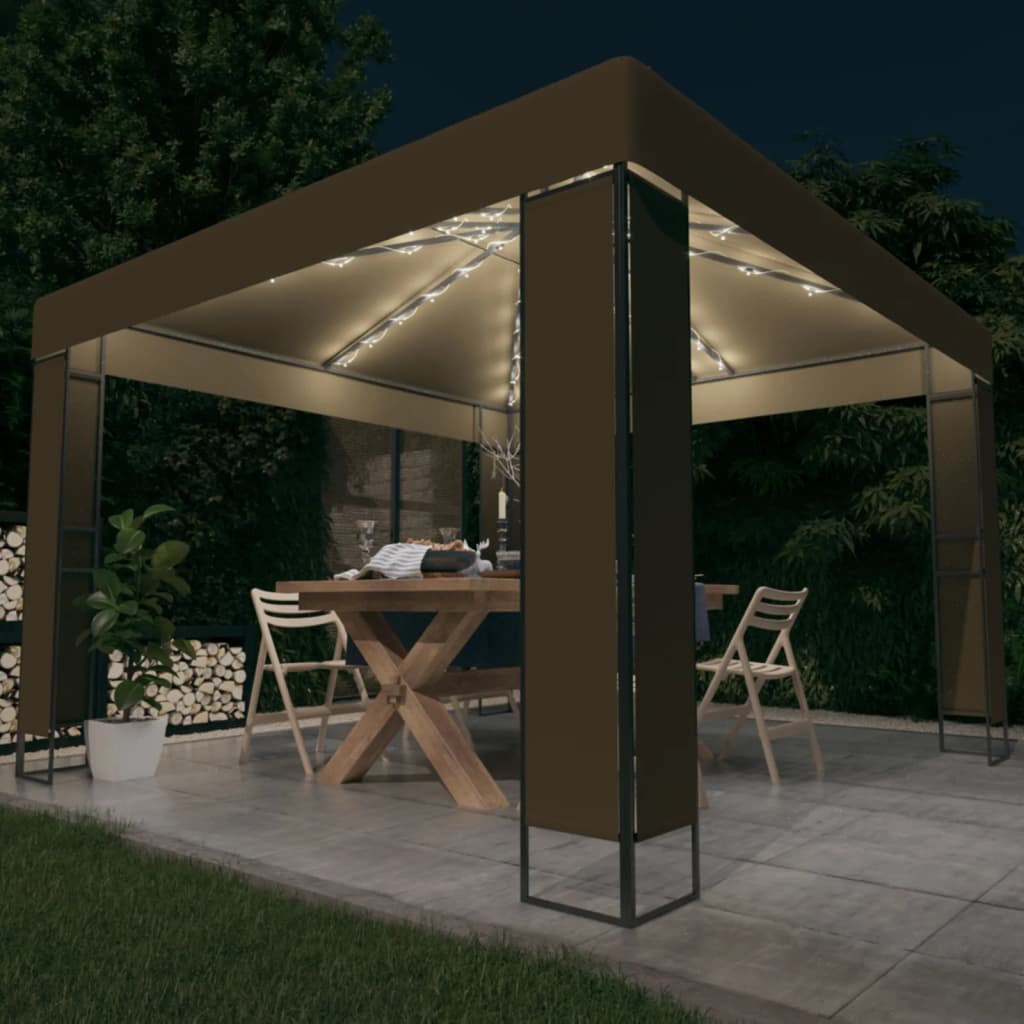 vidaXL Altánok s dvojitou strieškou a LED reťazou 3x3x2,7 m, sivohnedý