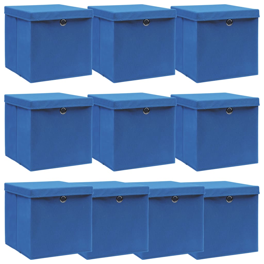 vidaXL Úložné boxy s vekom 10 ks, modré 32x32x32 cm, látka