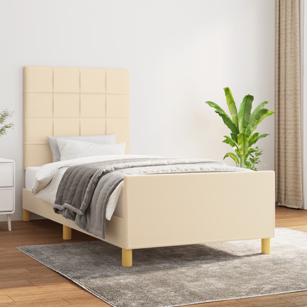 vidaXL Posteľný rám s čelom krémový 90x190 cm látka
