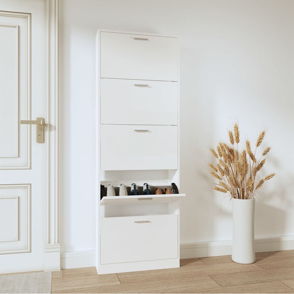 vidaXL Botník lesklý biely 59x17x169 cm spracované drevo
