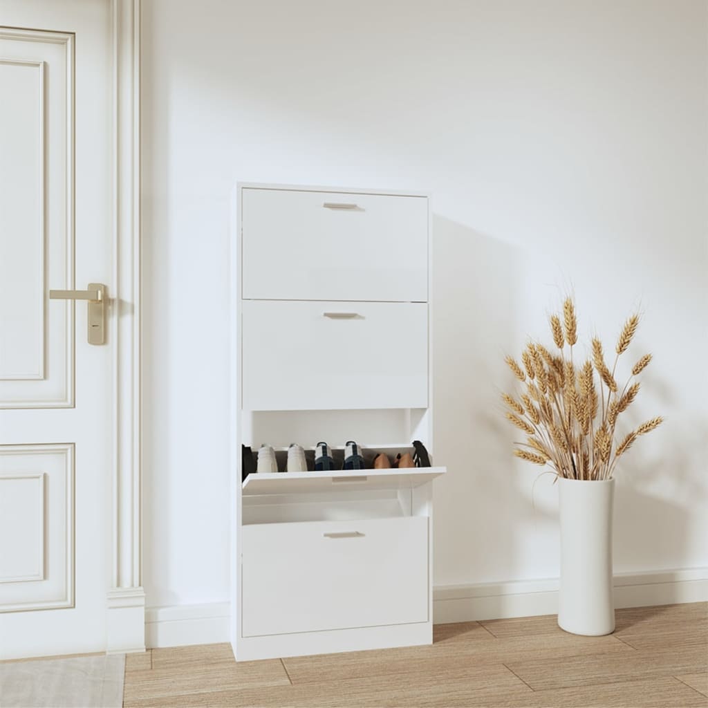 vidaXL Botník lesklý biely 59x17x150 cm spracované drevo