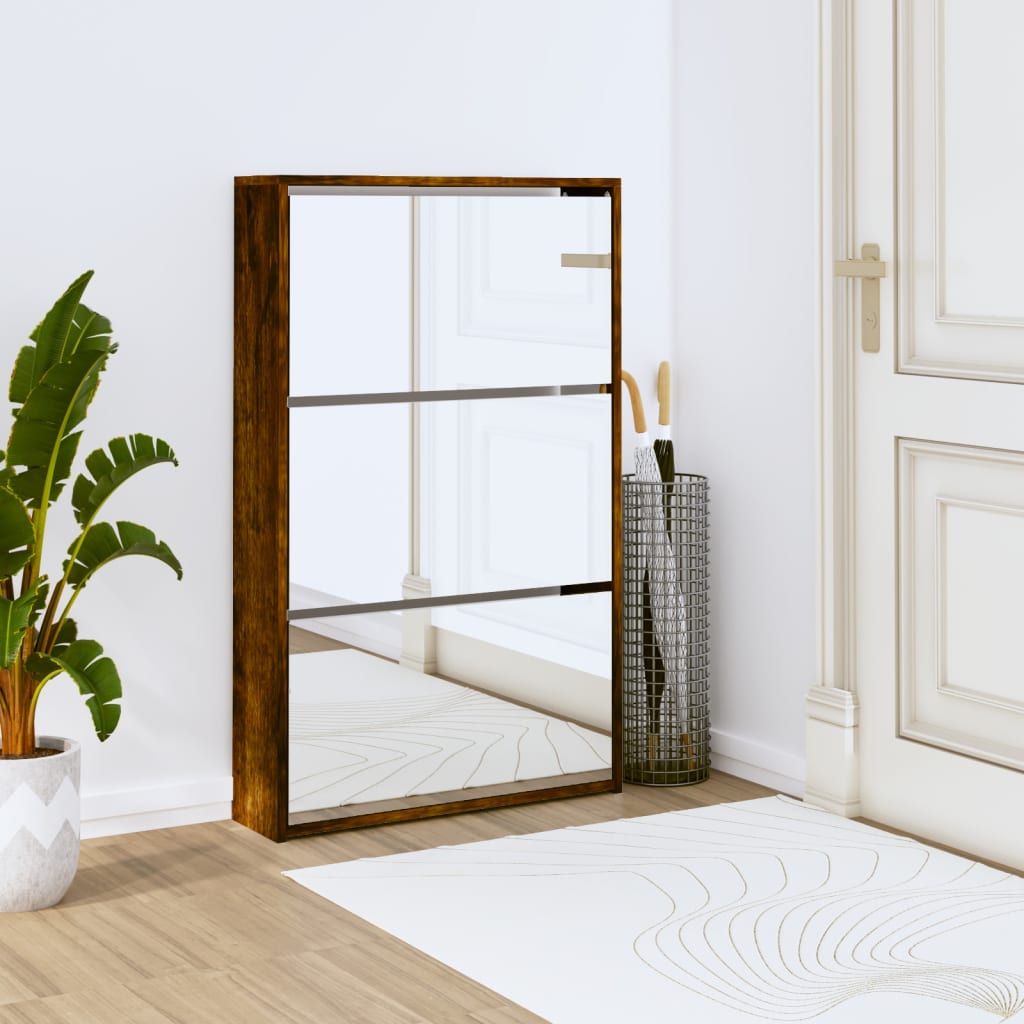 vidaXL Botník so zrkadlom 3-poschodový dymový dub 63x17x102,5 cm